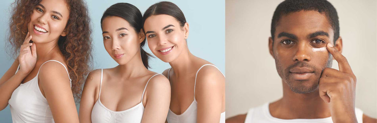 On the left - three women with white tops smiling in front of blue background. On the right person applying sunscreen below left eye, cream background 