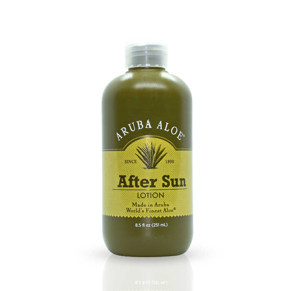 8.5 fl oz bottle of Aruba Aloe After Sun Lotion, white background.