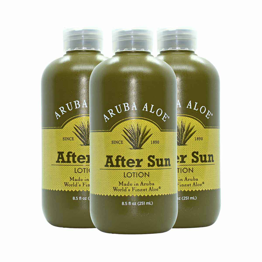Three bottles of Aruba Aloe After Sun Lotion faced forward with white background.