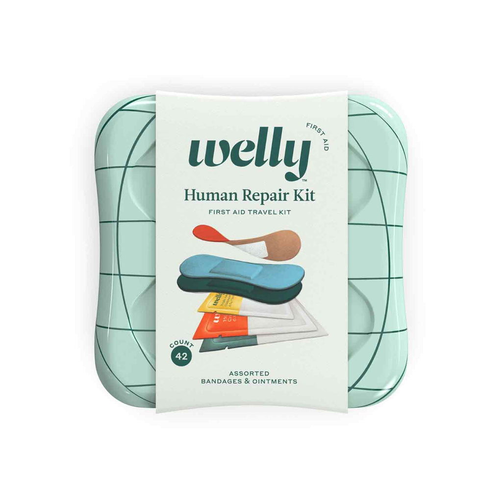 Welly - Human Repair Kit - FIRST AID TRAVEL KIT mint green package white background